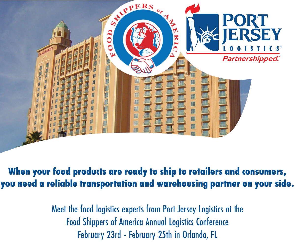 portjersey's tweet image. When your food products are ready to ship to retailers and consumers, you need a reliable transportation and warehousing partner on your side. 

Meet the food logistics experts from Port Jersey Logistics at the Food Shippers of America Conference
2/23 - 2/25, Orlando, FL.