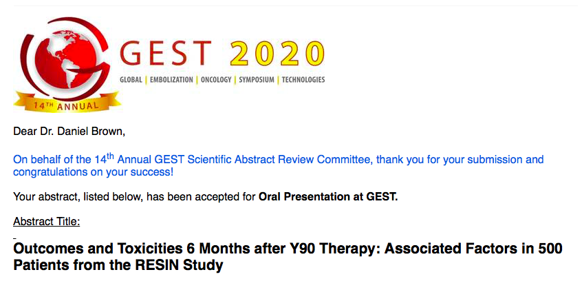 danbrownIO's tweet photo. Very excited to present #RESIN outcomes and toxicities @GESTSymposium in NYC in May. Congrats to our collaborating sites! @VUMCradiology @VUMChealth @SirtexMedical @JafarGolzarian https://t.co/O18289TIlM