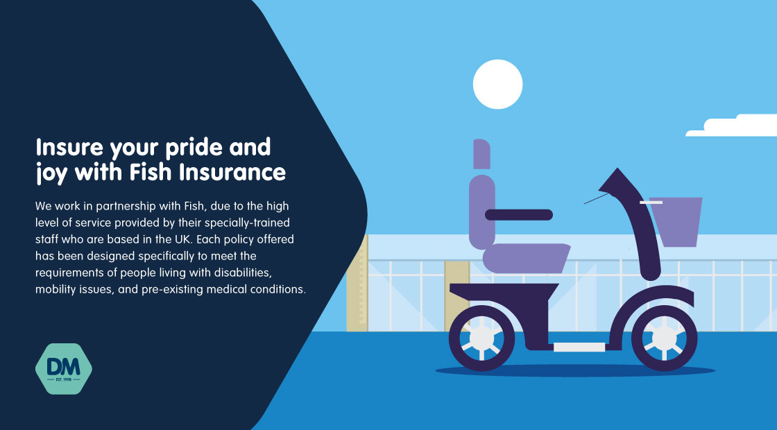 Insure your pride and joy with <a href="/FishInsurance/">Fish Insurance</a> 

Each policy offered has been designed specifically to meet the requirements of people living with disabilities, mobility issues, and pre-existing medical conditions. For more information read below.

🔗 derbymobility.co.uk/insurance/