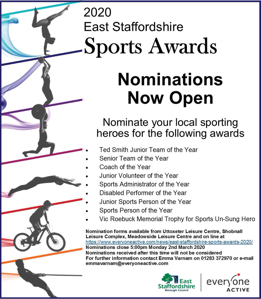 EAES_Sports_Dev's tweet photo. 10 Days remaining to get your Nominations in for this year's East Staffs Sports Awards. A great opportunity to recognise the achievements of a local sports coach / volunteer / team / performer
https://t.co/sdrO8JzJVW https://t.co/ozn4eSfleJ
