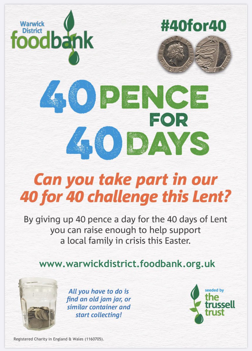 If you are looking to do something for lent this year, why not take part in the #40for40 challenge: 

The challenge: To save 40 pence a day for 40 days. 

Visit our website for more information and details: warwickdistrict.foodbank.org.uk/2020/02/21/40f…