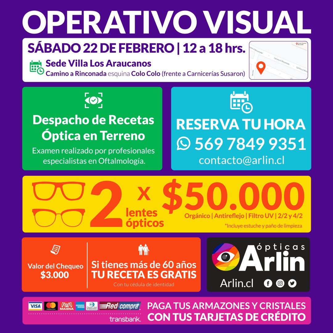 OpticasArlin's tweet photo. 👁 Mañana sábado 22/02 tenemos #OperativoVisual en #Maipú.
Sede Villa Los Araucanos (Camino a Rinconada esq. Colo Colo) 12 a 18 hrs.
Si eres mayor de 60 años el chequeo es #gratis
🤓 Reserva tu hora a contacto@arlin.cl o al teléfono +56978499351 https://t.co/oS1BDS2Nxf