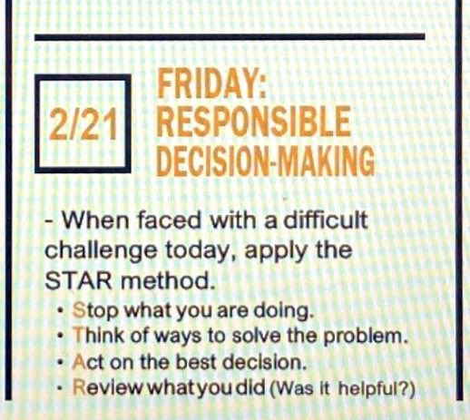 sel_vcs's tweet image. Today is the last day of #SELebrationWeek 🎉🎉🎉 Today is #ResponsibleDecisionMaking Friday! See the #STARmethod below for a quick tip on how to deal with challenges. 
Don’t forget to tweet out and tag us so we can see all the #SEL you do with your students! @volusiaschools
