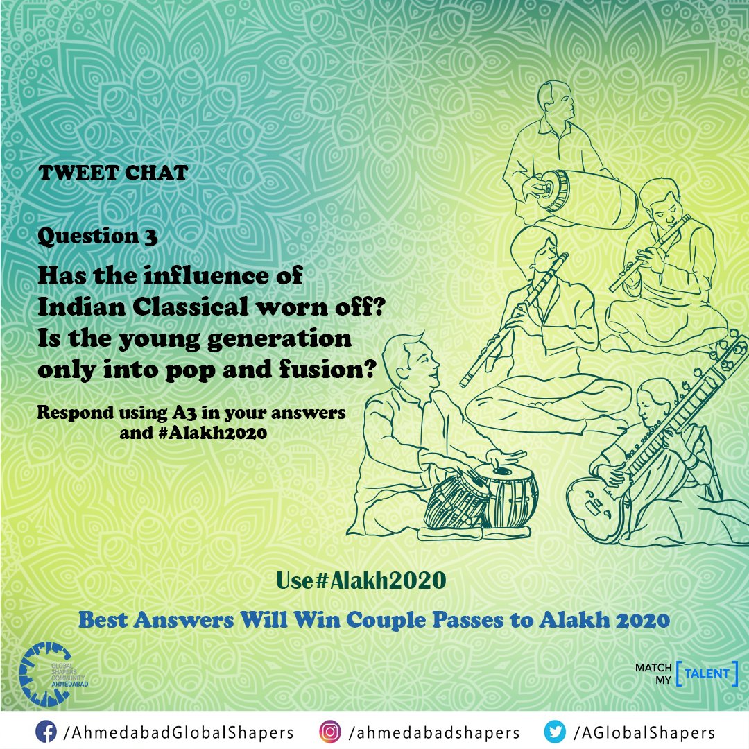 AGlobalShapers's tweet photo. Q 3. Has the influence of Indian Classical worn off? Is the young generation only into pop and fusion? 
Use #Alakh2020 in answer. 

#AhmedabadShapers #Ahmedabad #MatchMyTalent #IgniteTalkAGS

The best answer will win couple passes to Alakh event happening on 29th Feb 🙂 https://t.co/XOv7Z7acst