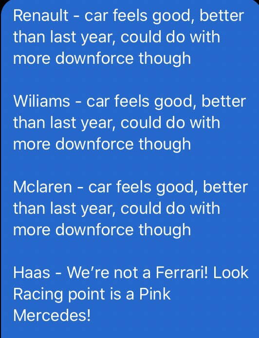Polemates1's tweet photo. Pre season testing so far in a nutshell! 😂 #F1Inbox #F1 #FormulaOne #Formula1 #Barcelona https://t.co/9gjzfJ5nSb