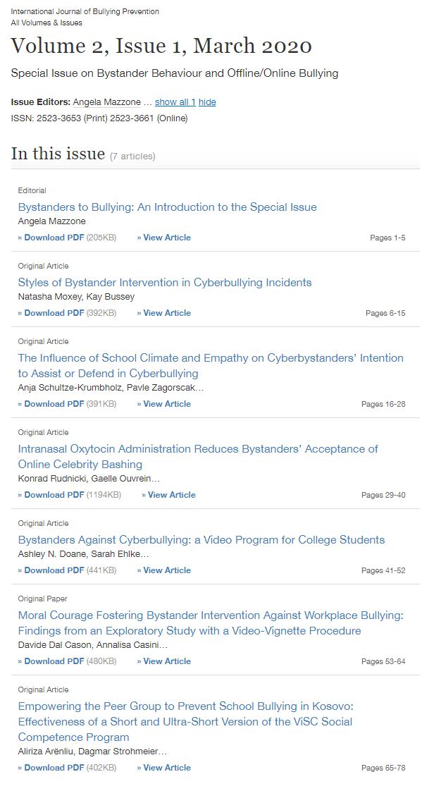 hinduja's tweet image. Can I just say how thrilled I am about our newest issue of the International Journal of Bullying Prevention? It focuses on the critical role of bystanders. Look at these amazing topics in the Table of Contents - all papers free to download right now!  link.springer.com/journal/42380/…
