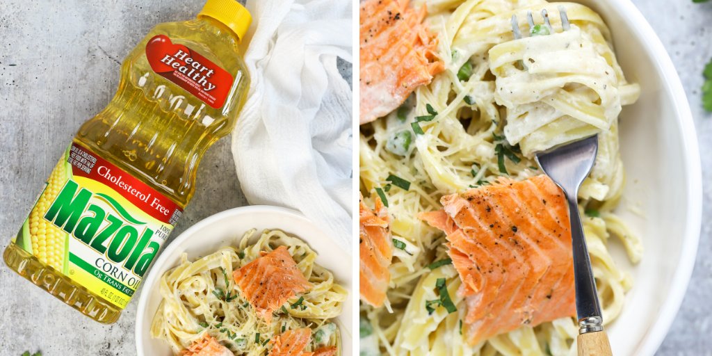 #ad Lighten up dinner with Mazola Corn Oil. Lighter Fettuccine Alfredo w/ Salmon is a delicious dinner for the entire family made with a creamy sauce of cream cheese, milk, garlic &amp; Parmesan cheese mixed with pasta. 

Get the #recipe : simplymaderecipes.com/fettuccine-alf…

#MazolaHeartHealth