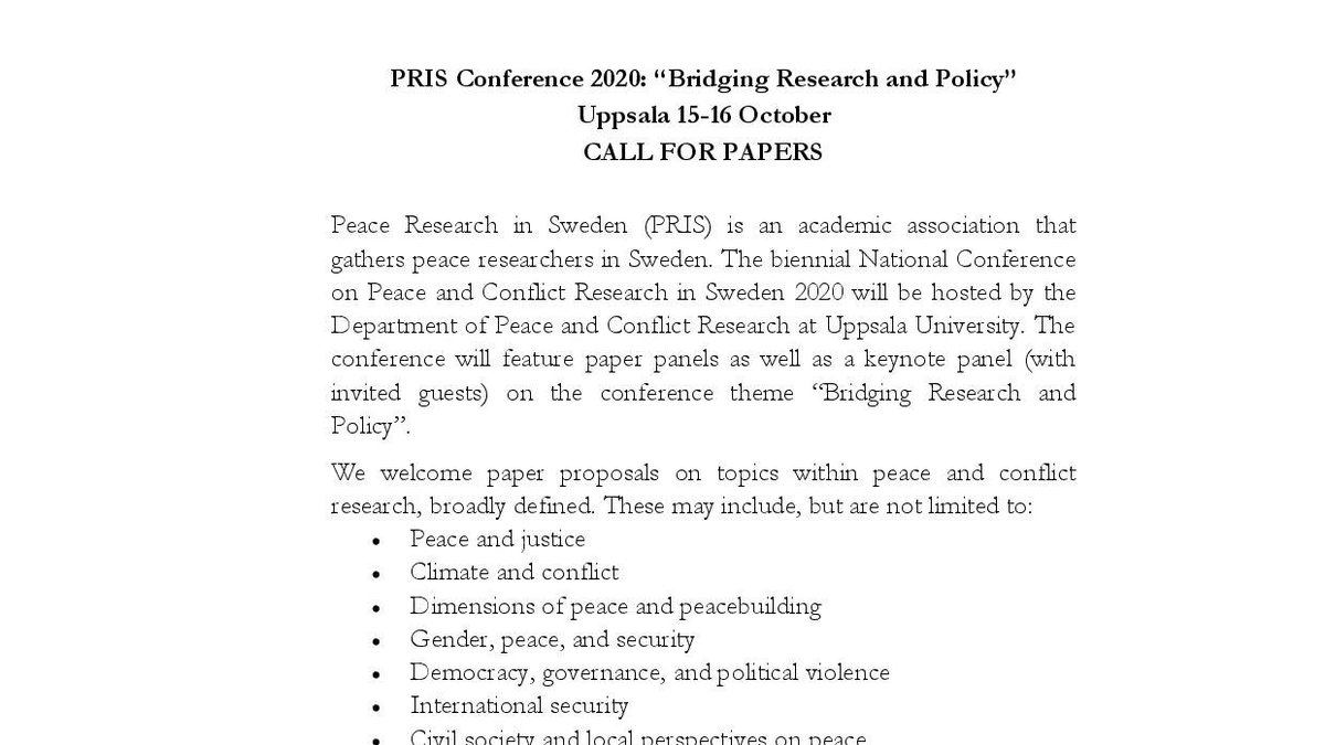 ‼️CALL FOR PAPERS‼️
PRIS Conference 2020: “Bridging Research and Policy” will take place at the DPCR, Uppsala University this year❗️ 
Save the date‼️ 15-16 October ‼️
Deadline for abstracts: 6 April 2020‼️
