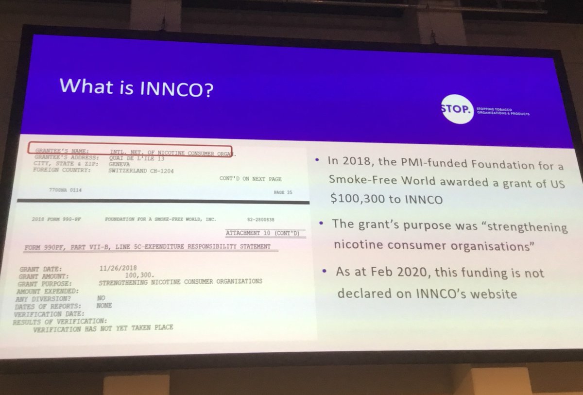 BathTR's tweet photo. Analysis of tweets with hashtag #COP8FCTC by @BathTR Ayush Joshi & presented at #ECTOH2020 shows predominance of tweets and RTs by INNCO, which received $100,300 from PMI-funded Foundation for a Smoke-Free World in 2018. Read about INNCO on #TobaccoTactics https://t.co/xlJfH5Bvo4 https://t.co/fSRHBwQdR1