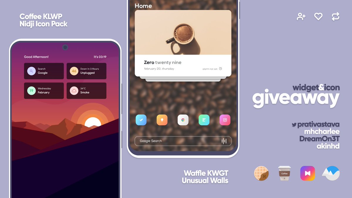 prativastava's tweet image. MEGA GIVEAWAY!

I'm giving away 20 codes each for Waffle KWGT, Unusual Walls, Nidji Icons and Coffee KLWP

Rules to Enter -

• Follow @DreamOn3T @akinhd @mhcharlee @prativastava 
• ❤️ &amp;amp; 🔄
• Tag 2 friends in the comments

20 Winners will be announced on 28th Feb

Best of Luck!