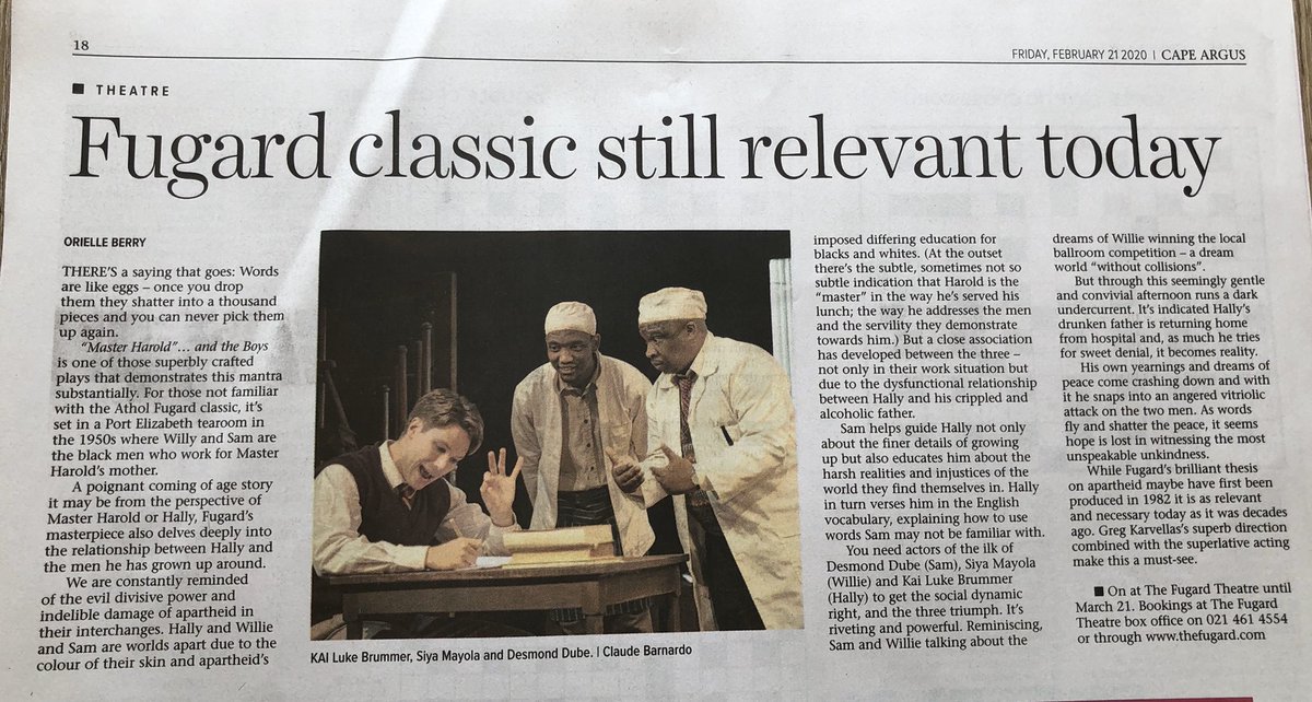 ChristineMS1's tweet photo. Another rave review for #MasterHaroldSA @TheFugard from @TheCapeArgus 
‘The three actors triumph... it’s riveting and powerful... a must see’ https://t.co/yqUr4cT3qj