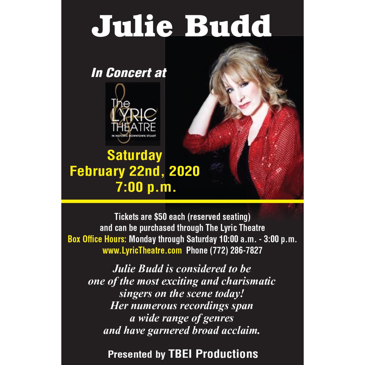 MyLivingMedia's tweet photo. Julie Budd is live in concert at @Lyric_Theatre tomorrow! Get your tickets now πΆ
#MyLivingMagazines #TBEIProductions #TempleBethElIsrael #JulieBudd #TheLyricTheatre #Concert #LiveConcert #Music #LiveMusic #Singing #Singer #LocalEvent #Events #LocalConcert #Stuart #Florida https://t.co/utJuyuSLho