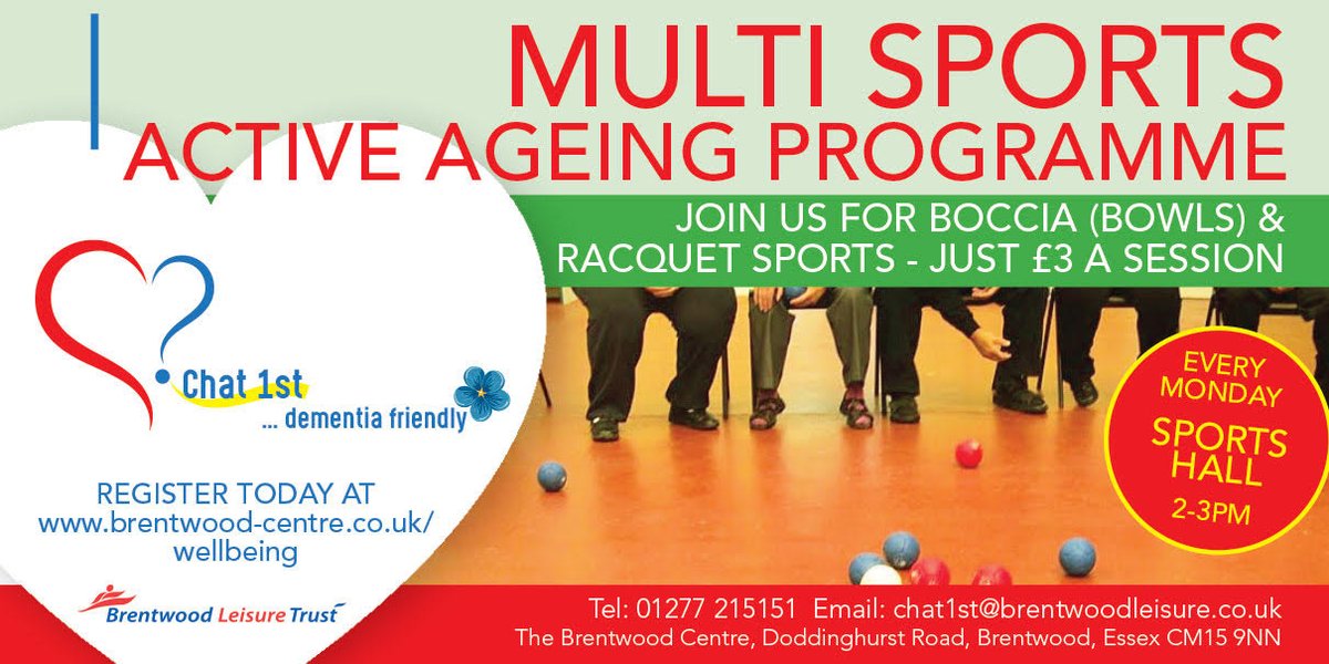 BLTChat1st's tweet photo. Join us for our Active Ageing Multi Sports in the main hall - every Monday 2-3pm including Boccia (Bowls) &amp; Racquet Sports - just £3 a session! Come along and give it a try! #active #sport #brentwood #essex https://t.co/TXyNYe9koo