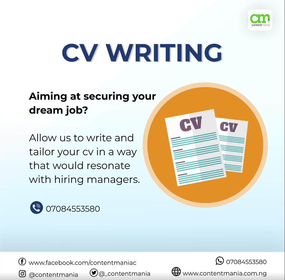 _ContentMania's tweet photo. Your CV is your voice, allow our professionals handle this for you!
#CVWriters #ContentWriting #ContentMania https://t.co/obvmyM6PoB