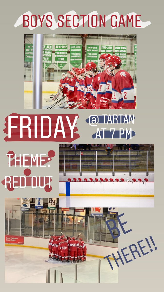 It is Go BIG or GO Home TONIGHT! Section Plays offs!!! Spartans take on the <a href="/THSBVhockey/">Tartan Titans Boys Varsity Hockey</a> @ 7 at TARTAN! #redout #letsgo #52N
<a href="/simgirlspuck/">Simley Spartan Girls Hockey</a> <a href="/isd199/">IGH Schools</a> <a href="/IGHHAHockey/">IGHHA Hockey</a> <a href="/FollowThePuck/">FollowThePuck 👻</a>