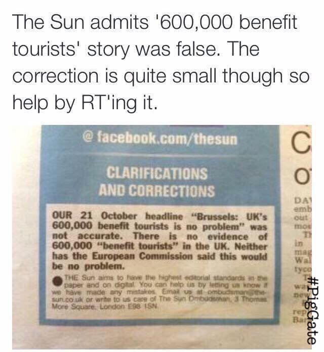 nickreeves9876's tweet photo. Here is the Sun's pitifully small apology for its lie about benefits tourism - a lie that has been accepted as truth by millions. 

These lies are perverting our democracy. At a minimum, apologies should be published in the same location and size as the lie. https://t.co/QwWKuozCrl