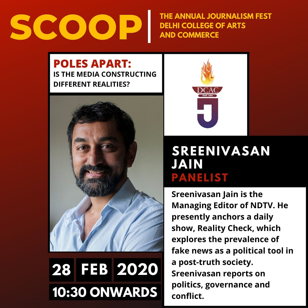 scoopdcac's tweet photo. We are delighted to have Sreenivasan Jain on our panel. 
Sreenivasan Jain is Managing Editor of NDTV. He presently anchors a daily show, Reality Check, which explores the prevalence of fake news as a political tool in a post-truth society. 

#scoop #scoopdcac #journalism #media https://t.co/Psg10CI7HR