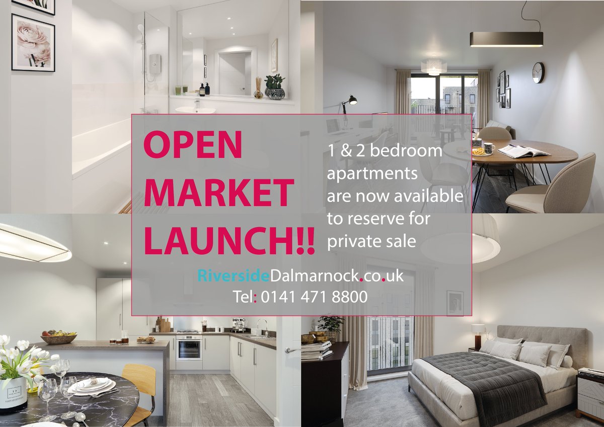 🍾NOW AVAILABLE TO THE OPEN MARKET🍾 1 &amp; 2 Bedroom apartments available for private sale!! Following a 30 day Priority Purchase period we are now able to take reservations on Block J apartments. Visit our website for prices and availability riversidedalmarnock.co.uk/prices-availab…