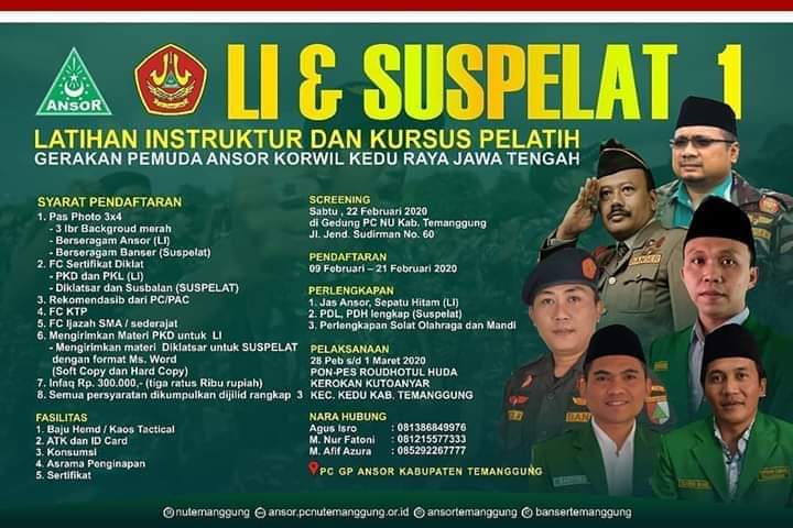 Khoirul__Umam's tweet photo. Latihan Instruktur (LI) dan Kursus Pelatih (Suspelat) GP Ansor eks-Karesidenan Kedu, (Temanggung, Wonosobo, Purworejo dan Magelang).
#BanserMaju1Barisan
#Solid1Komando
Simak dan catat, tanggal, syarat serta ketentuannya via flyer berikut :๐ https://t.co/iETXdqQbzL