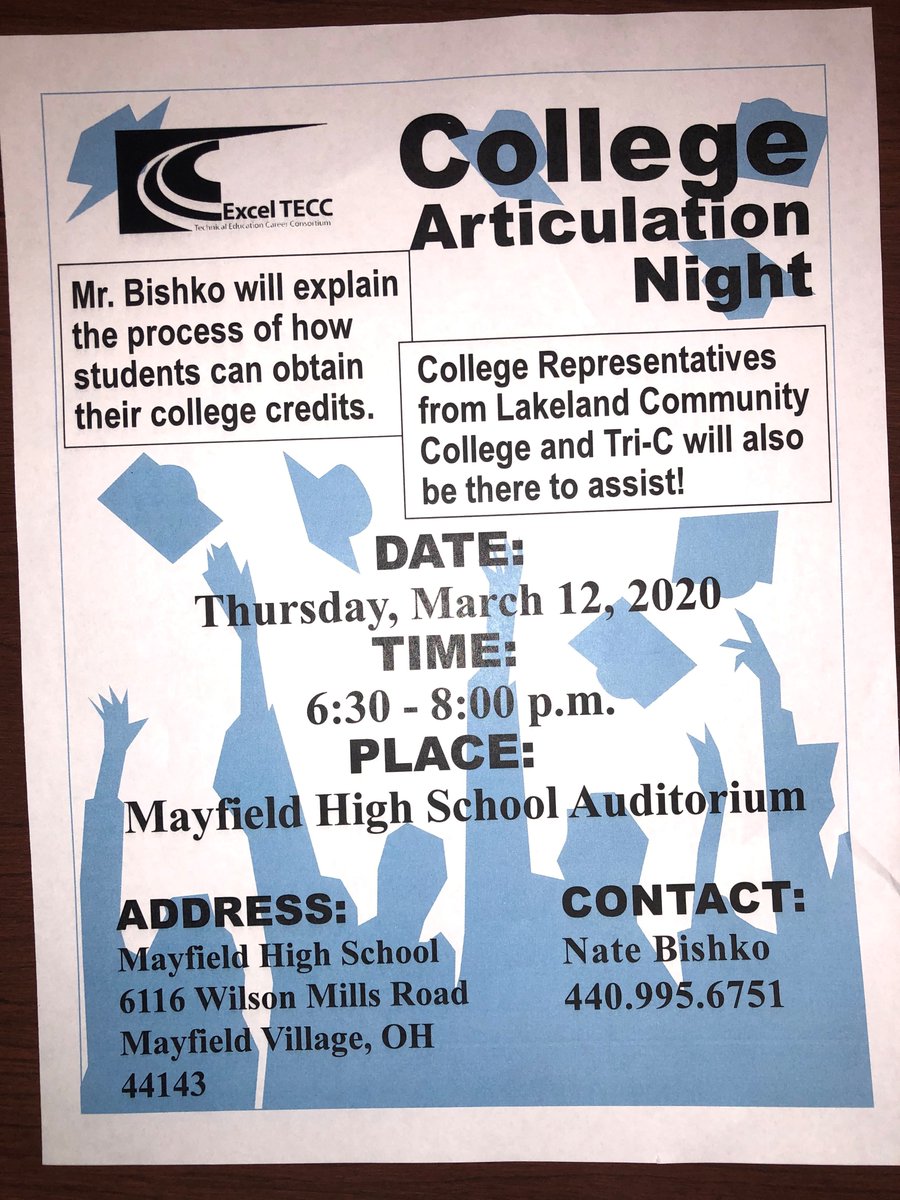 ExcelTECC's tweet photo. Parents of current juniors (never too early to know the process) and especially current seniors--please see the attached pic and mark your calendars!  We will walk you through the process of obtaining those college credits step by step!  @NCI_Willoughby @NCI_Eastlake @WildcatMHS https://t.co/h0hzqigrlQ