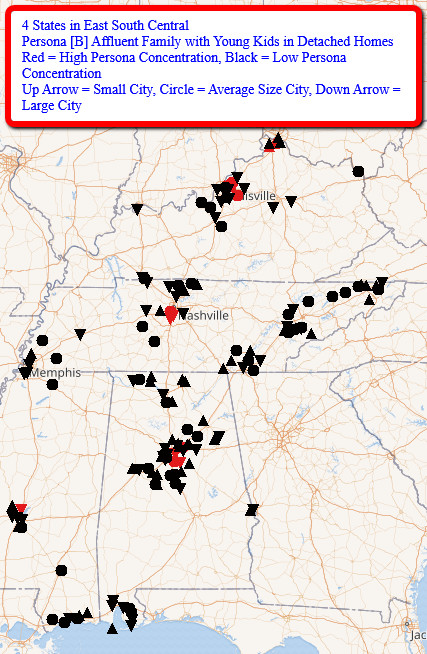 BlockFacts's tweet image. Here are #BlockFactsData on 2 sets of demographics (“personas”) for cities in 4 East South Central states with high/low percentages of persona. Data are from our FREE tools at zcu.io/7hJy. Watch for 3 posts for each of 9 weekdays to cover 5 personas in all states.