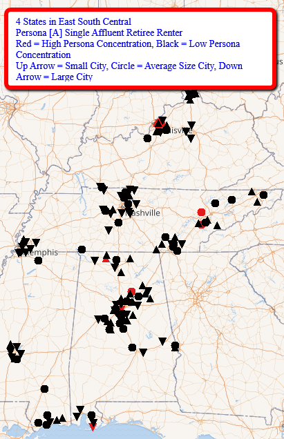 BlockFacts's tweet image. Here are #BlockFactsData on 2 sets of demographics (“personas”) for cities in 4 East South Central states with high/low percentages of persona. Data are from our FREE tools at zcu.io/7hJy. Watch for 3 posts for each of 9 weekdays to cover 5 personas in all states.