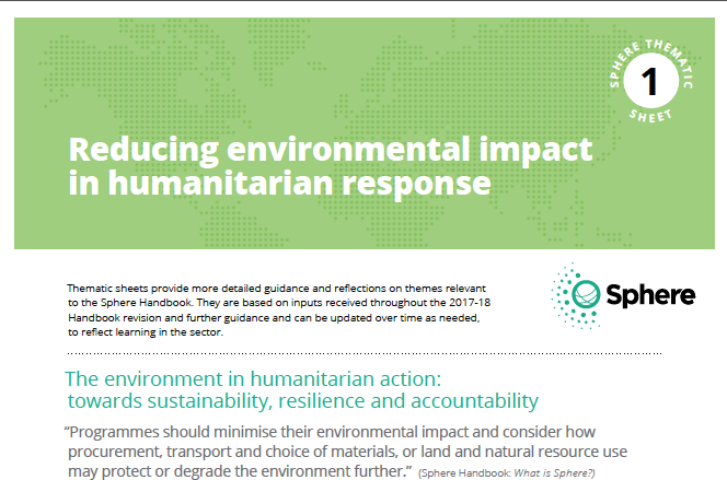 SpherePro's tweet photo. In need of a nice weekend read? Check out Sphere's thematic sheet on the #environment!🌿🌳

Through the #SphereHandbook's guidance, the sheet suggests key actions to make humanitarian programming more environmentally sustainable and accountable.
https://t.co/8IIxkLo9bZ https://t.co/8kkS88YUMF