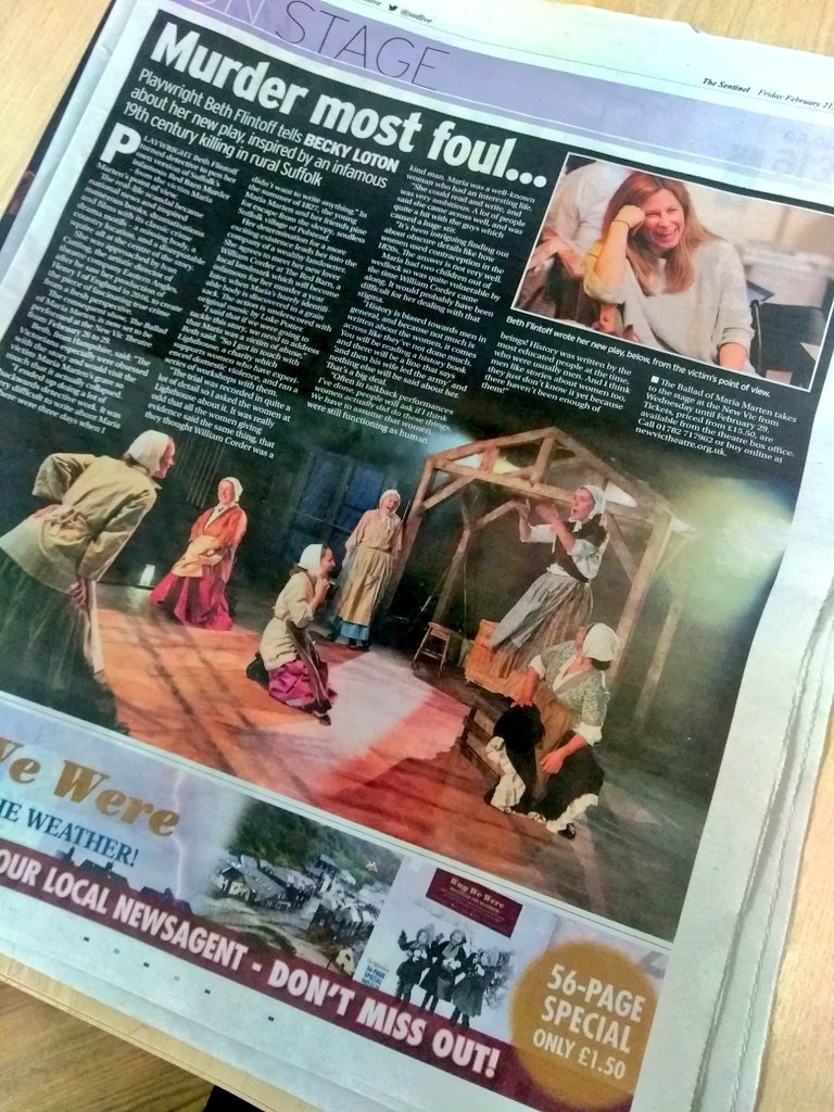 NewVicTheatre's tweet photo. Pick up a Sentinel today to learn more about the fascinating play #TheBalladOfMariaMarten - coming to the New Vic next week (from 26 to 29 Feb) - as told by playwright @Bethfli to our media and comms officer @beckyloton. It's a true crime tale definitely not to be missed! 🔥 https://t.co/0fLaAl5kUF