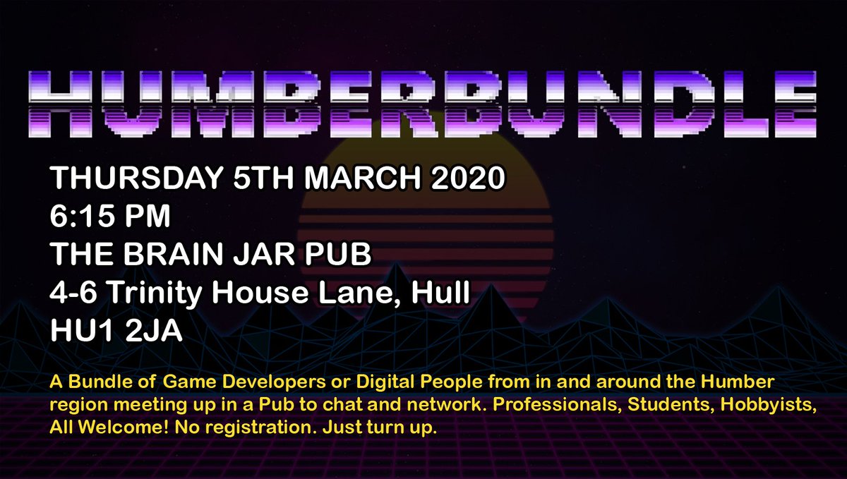 🚨 NEW MEETUP ANNOUNCEMENT 🚨

#HumberBundle will be back on the 5th March at The Brain Jar. We want folks who are working/interested in the digital media/game industries to meet up and network. Professional, indie, hobbyist, student, ALL WELCOME! Bring a Friend! #Hull #Humber