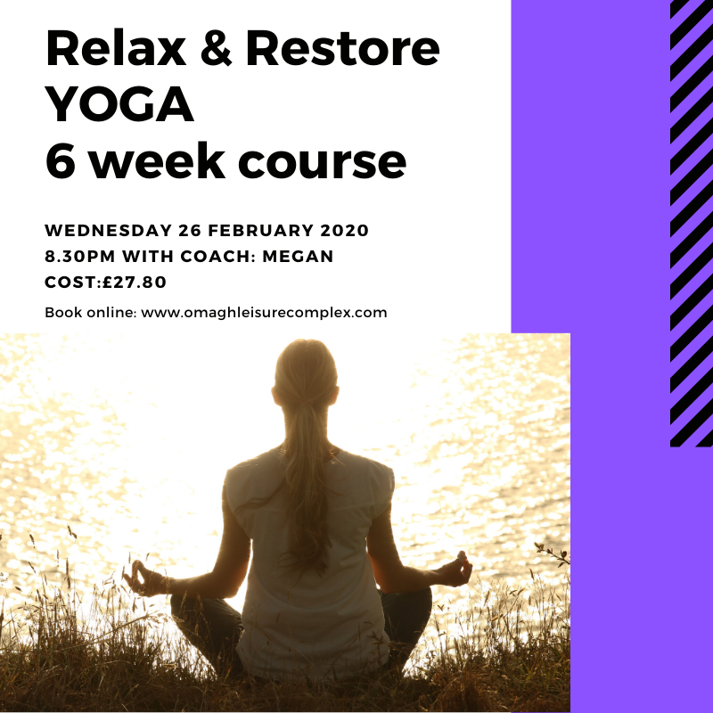 Yoga Relax &amp; Restore course starting 26 February 2020.

De-stress and focus on slow stretches, flexibility and opening of tight muscles to restore and rejuvenate. Relax and recover from your hectic life.

Limited places so sign up NOW: bit.ly/2ZBkAeC
Enter code: YRAR6