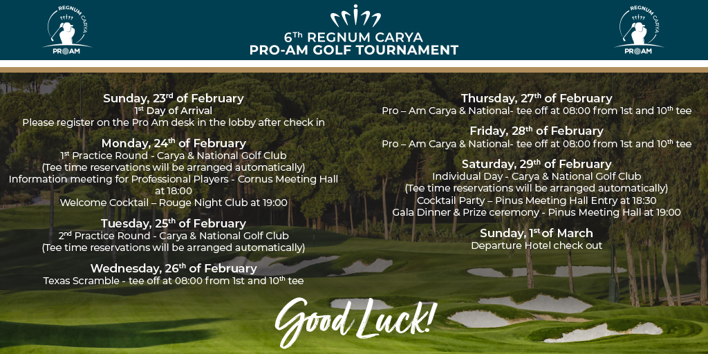 NGClubTR's tweet photo. Next week’s agenda: 6th Regnum Carya Pro-Am Golf Tournament. 
 
The event will take place at Carya Golf Club and National Golf Club between 23th February and 1st March. 
 
Winner player will win 5.000€ prize and minimum professional prize is 1.000€. https://t.co/NKEArjinIU