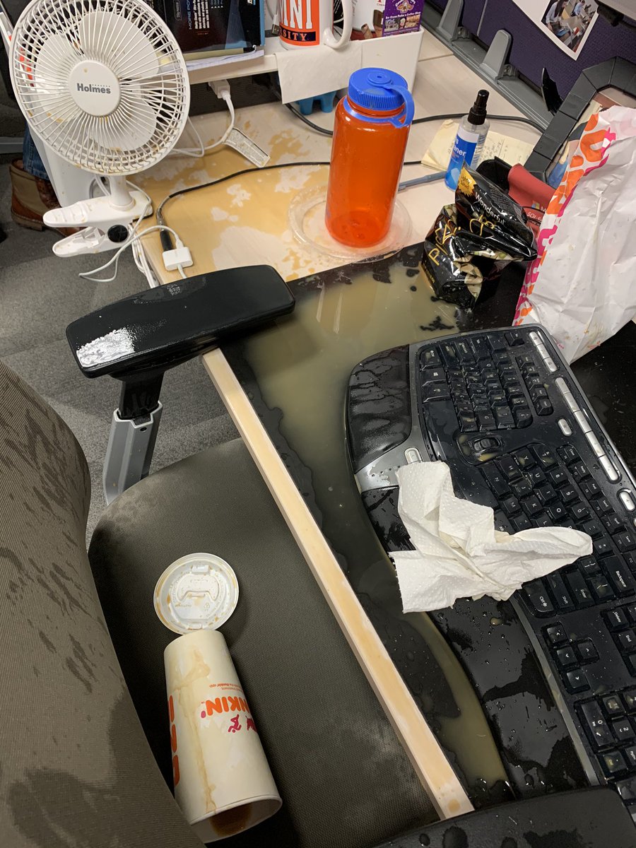 PianoRayK's tweet photo. What happened to me when I got to my desk this morning. Yeah, how’s your day going? #CoffeeDisaster #CleanupInAisle5 https://t.co/gRfcKfQG2e