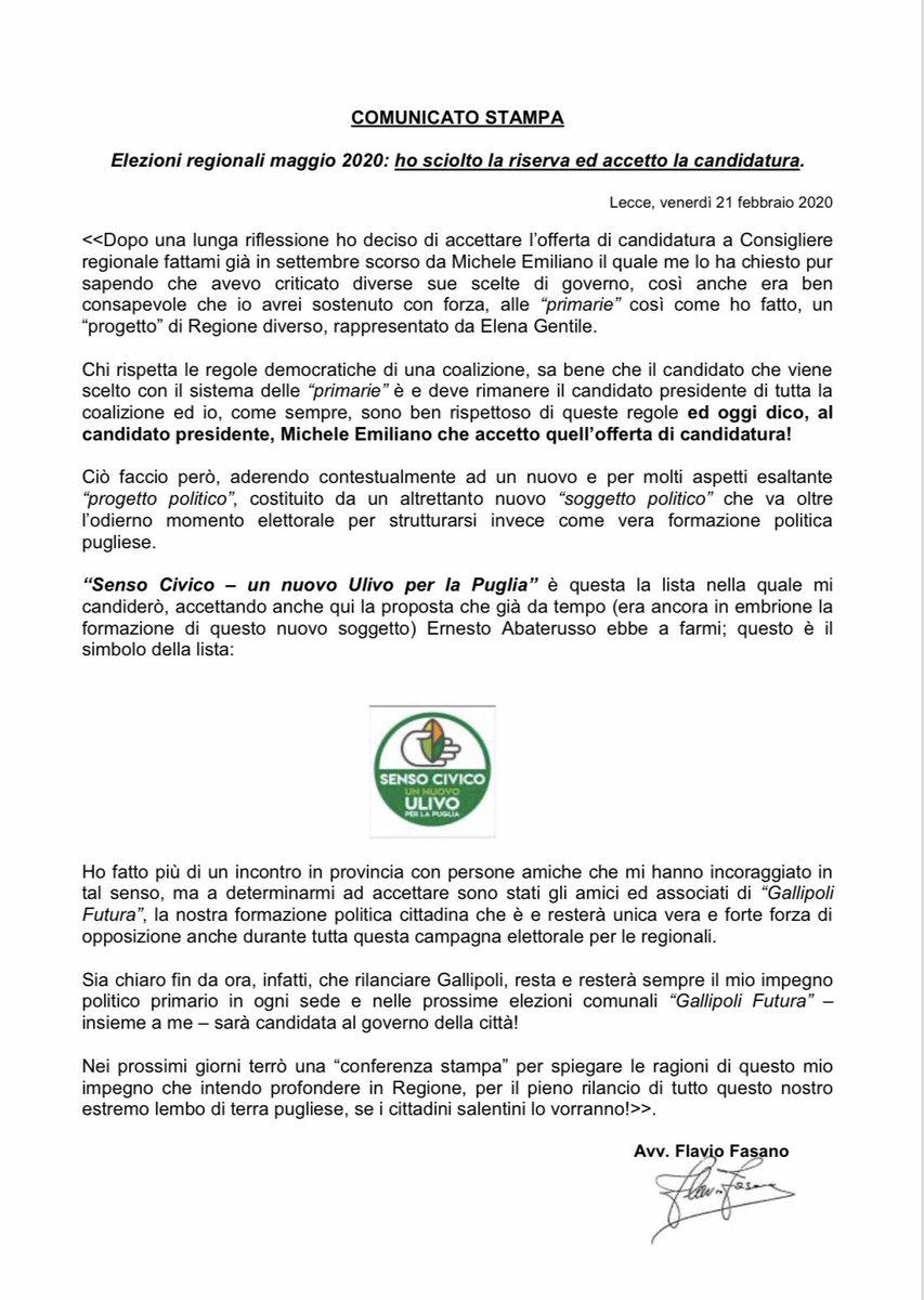 AvvFasano's tweet photo. HO ACCETTATO LA CANDIDATURA E SE LO VORRETE SARÒ AL SERVIZIO DEL SALENTO.                                https://t.co/Y2wcoQNZ8D https://t.co/fDzOnB7cgP