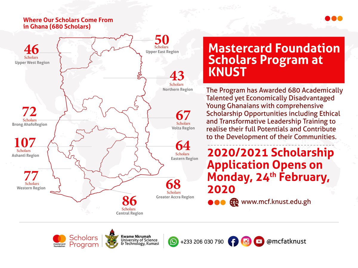 KNUSTGH's tweet photo. An opportunity for young academically talented yet economically disadvantaged Africans to gain access to quality tertiary education with ethical and transformative leadership training at KNUST. #scholarships #youngafricaworks #femaleempowerment Read more: https://t.co/KEobH92Tiy https://t.co/gXcQziGfSG
