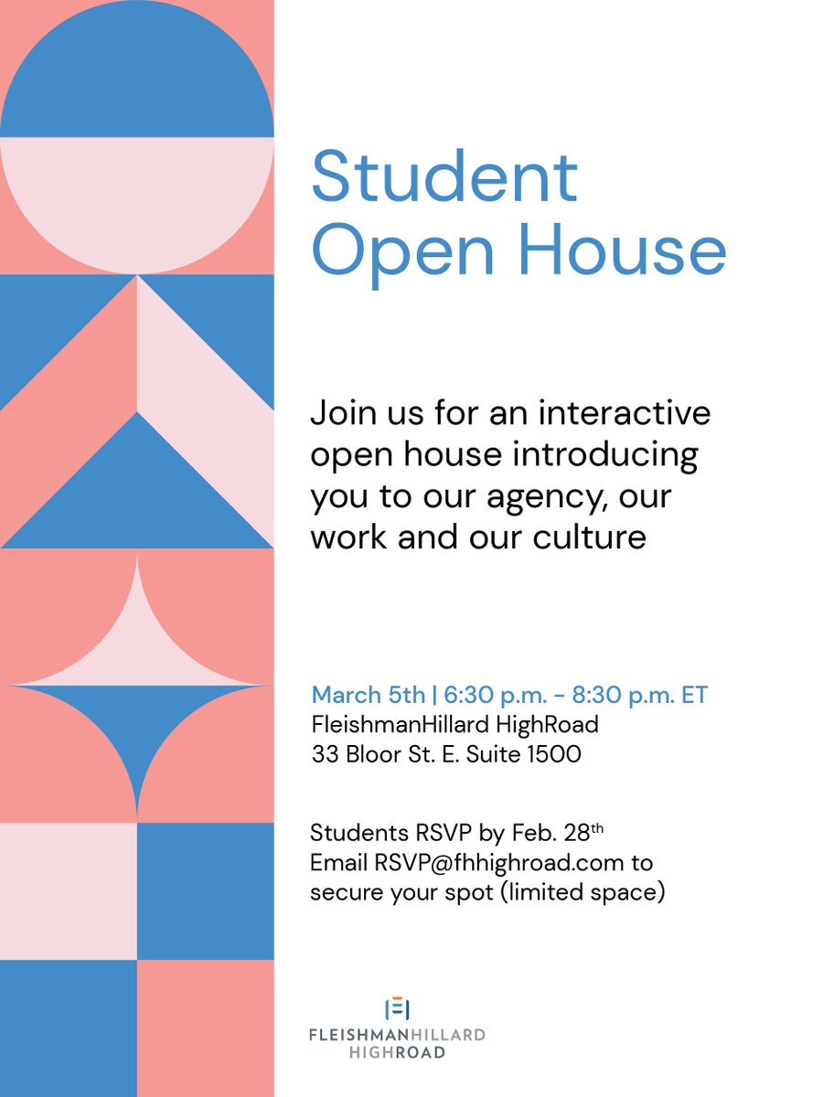 FHhighroad's tweet photo. Hey PR students! We’re hosting our annual interactive FHR Open House on March 5 at our Toronto office. Interested in learning more about the industry from experts who live it every day? Make sure to email your RSVP! #FHROpenHouse https://t.co/5AF3FMppSN