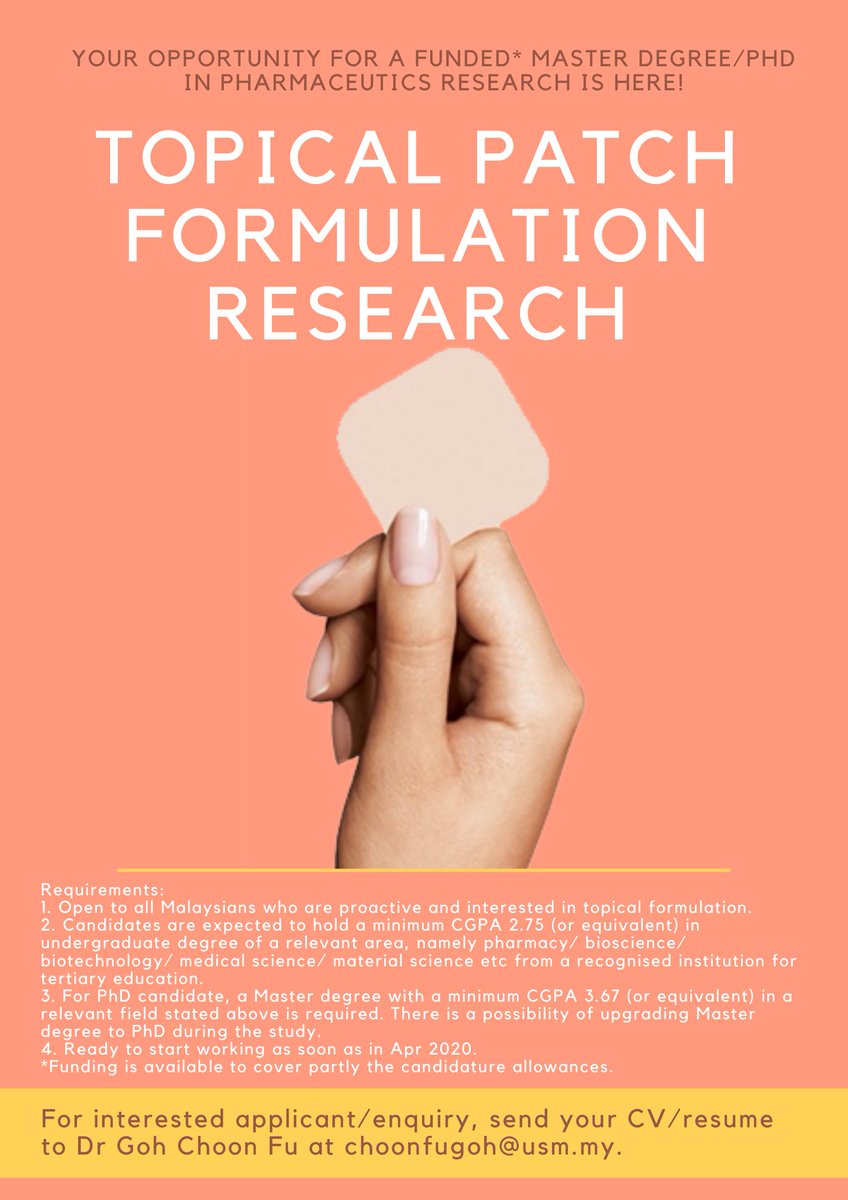 gohchoonfu's tweet image. Looking for vibrant student to join us for #topicalpatch #formulation #research! #transdermal #topical #skin #skinresearch #postgraduate #pharmaceutics #drugdelivery