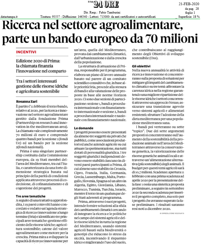 primaitaly's tweet photo. 👉Oggi su @sole24ore un bell'articolo sul programma @PRIMAInnovation e sul ruolo strategico per l'area Med.
Info sui bandi di finanziamento per la ricerca e l'#innovazione nell'#agrifood e gestione #risorseidriche, tempi e modalità di presentazione delle domande.
@AngeloRiccaboni https://t.co/4c1WvlggIi