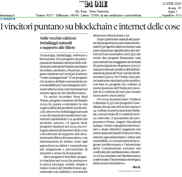 primaitaly's tweet photo. 👉Oggi su @sole24ore un bell'articolo sul programma @PRIMAInnovation e sul ruolo strategico per l'area Med.
Info sui bandi di finanziamento per la ricerca e l'#innovazione nell'#agrifood e gestione #risorseidriche, tempi e modalità di presentazione delle domande.
@AngeloRiccaboni https://t.co/4c1WvlggIi
