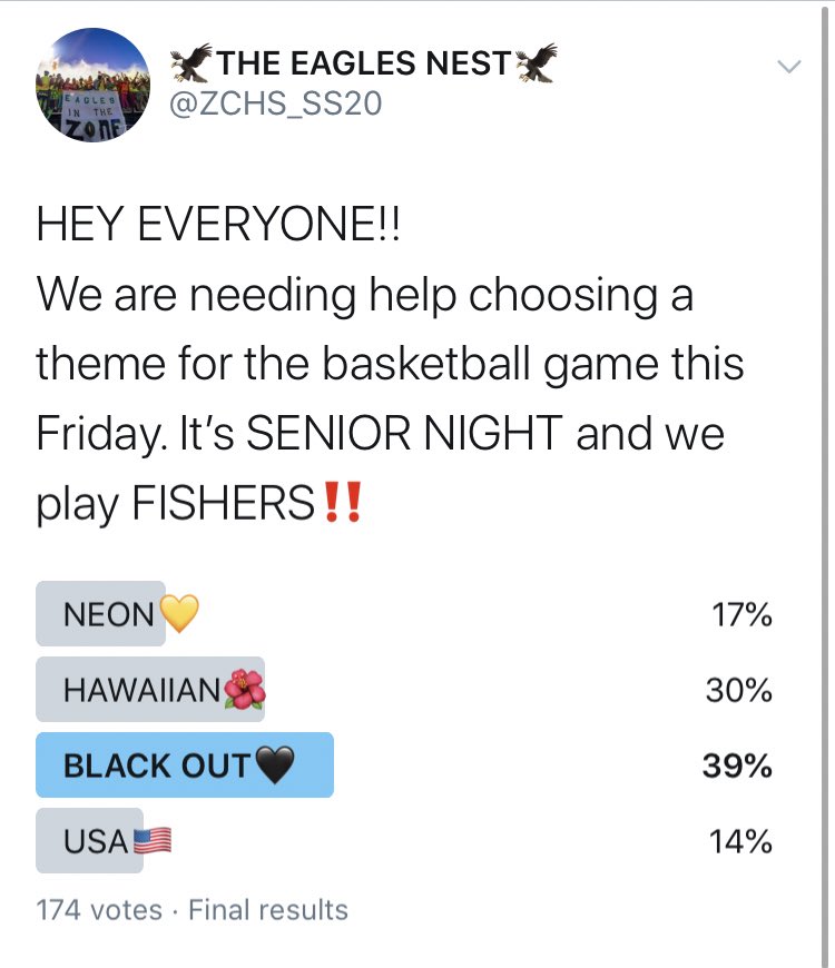 ZCHS_SS20's tweet photo. Looks like tonight theme for the HOME game will be 
🖤BLACK OUT🖤

Tonight is SENIOR NIGHT! The seniors will be walking after the JV game. Be there around 7:00pm. We are playing FISHERS.

LETS GO BOYS😈 https://t.co/pyxNVEVKq3