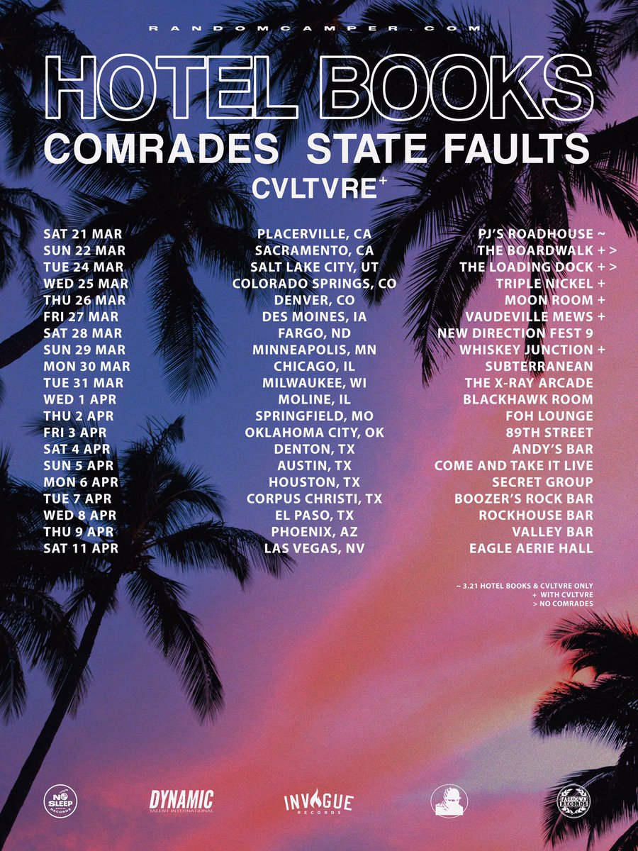 Comrades (@wearecomrades) on Twitter photo On March 25th we’re heading out with <a href="/hotelbooks/">hotel books</a> <a href="/statefaults/">State Faults</a> and <a href="/cvltvreca/">𝑪𝑽𝑳𝑻𝑽𝑹𝑬</a> Check it out and come see us if we’re near you! On March 25th we’re heading out with <a href="/hotelbooks/">hotel books</a> <a href="/statefaults/">State Faults</a> and <a href="/cvltvreca/">𝑪𝑽𝑳𝑻𝑽𝑹𝑬</a> Check it out and come see us if we’re near you!