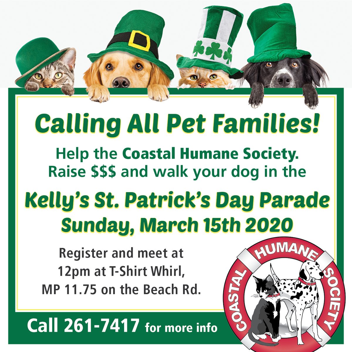 OBXcoastallife's tweet photo. Be apart of the Kelly's St. Patrick's Day Parade on Sunday, March 15th, 2020! 🍀🐾🍀 Help raise money for the Coastal Humane Society by walking with your furry friend in the parade.
Register to walk at T-shirt Whirl at 12pm.
Call 252-261-7417 for more info
https://t.co/IPWiVNj7af https://t.co/dHxsUU3us4