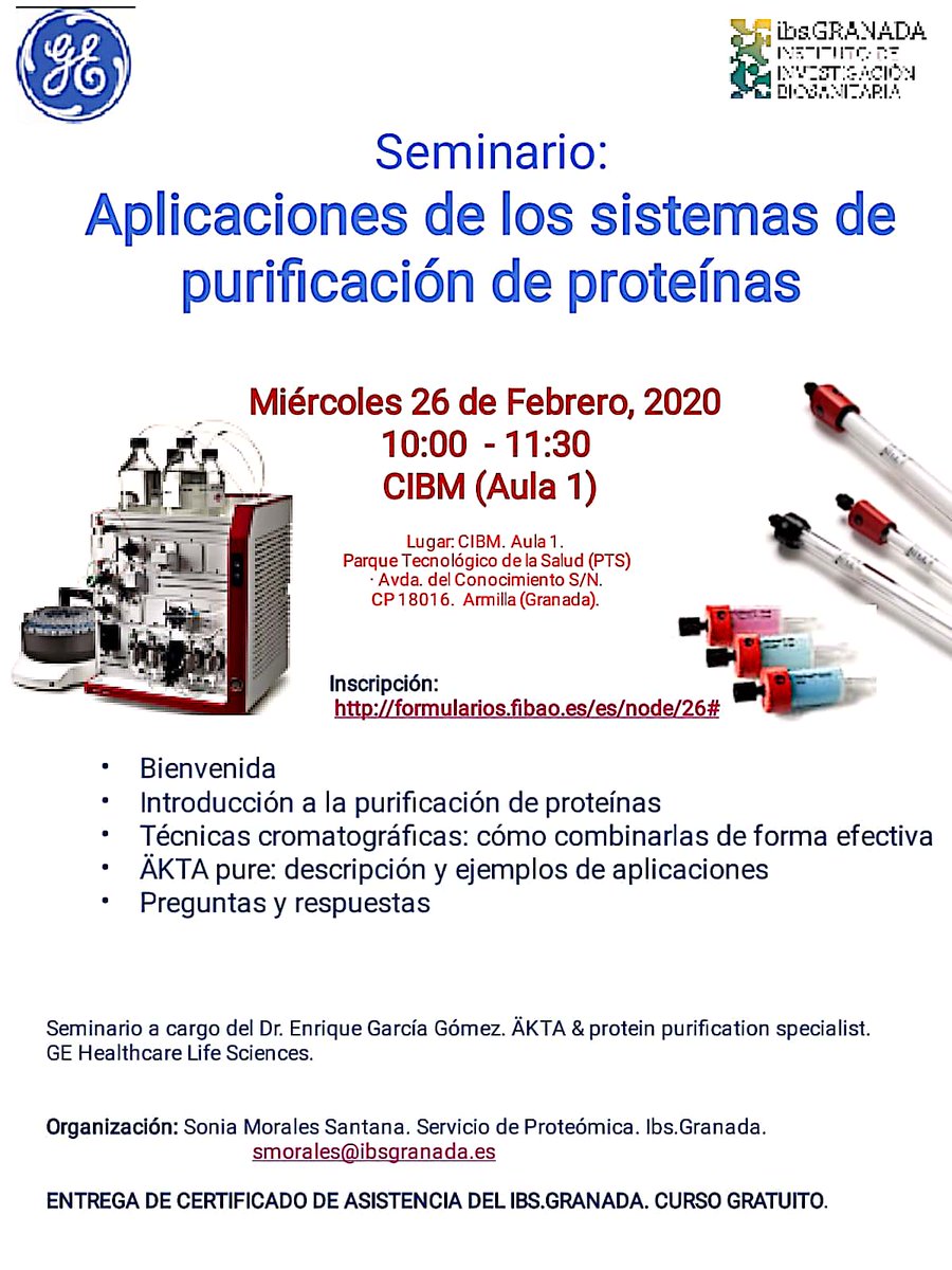 plataformas_ibs's tweet photo. 📣¿Quieres aprender a purificar proteínas? ¿Técnicas cromatográficas? Te invitamos a venir a nuestro seminario, organizado por la Plataforma de Proteómica del @ibsGRANADA @clinicogranada ‼️
💯X💯 Recomendable ‼️En CIBM Granada el miércoles 26 de febrero. Te esperamos ‼️Inscríbete https://t.co/waXv9JPaQA