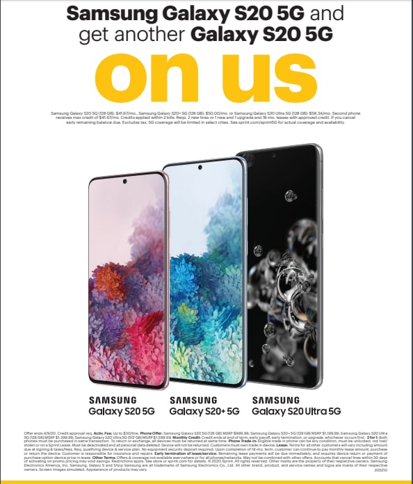 SanDimas_Sprint's tweet photo. Lease One Samsung Galaxy S20, S20+ or Galaxy S20 Ultra and Get a second Galaxy S20 on us with Sprint Flex Lease
Must add two new lines of service or one upgrade with one new line of service in order to qualify. Two upgrades will not qualify.
Stop by 875 W Arrow Hwy, San Dimas https://t.co/zmvuWpMA8n