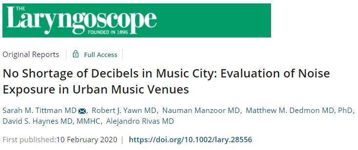 VUMC Otolaryngology–Head and Neck Surgery (@vanderbiltent) on Twitter photo ICYMI: randomly sampled music venues had noise levels that may place patrons without hearing protection at risk for noise-induced hearing loss: onlinelibrary.wiley.com/doi/full/10.10…
<a href="/haynes_ear/">David Haynes</a> <a href="/Alejorivasc/">Alejandro Rivas</a> <a href="/bobby_yawn/">Bobby Yawn</a> ICYMI: randomly sampled music venues had noise levels that may place patrons without hearing protection at risk for noise-induced hearing loss: onlinelibrary.wiley.com/doi/full/10.10…
<a href="/haynes_ear/">David Haynes</a> <a href="/Alejorivasc/">Alejandro Rivas</a> <a href="/bobby_yawn/">Bobby Yawn</a>