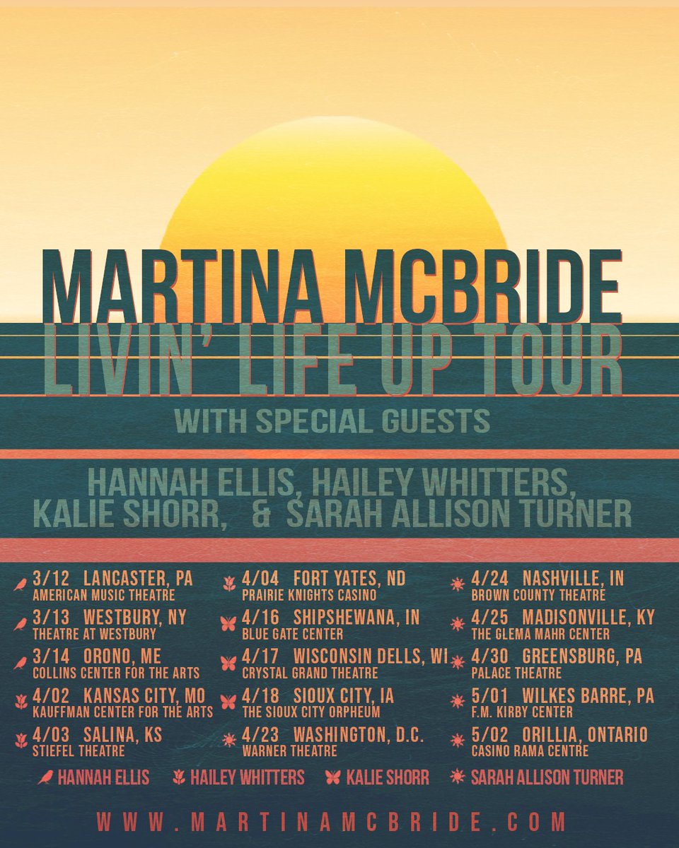 martinamcbride's tweet photo. JUST ANNOUNCED: We have new special guests on my #LivinLifeUpTour! I can’t wait to bring this show &amp; these talented women to a city near you. All dates are on sale now! https://t.co/WPlsGrE8D9 @SarahATurner
@hannahgreyellis @haileywhitters @kalieshorr https://t.co/SevyUDVjSi