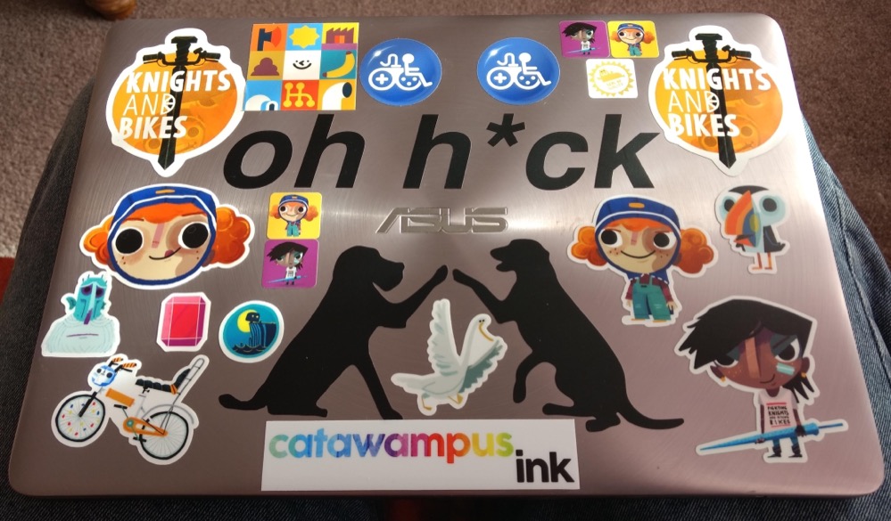PVBuk's tweet photo. Wearing my new #FightLess @CatawampusInk shirt and the new sticker added to my laptop. 😊😎👍🏼❤️ https://t.co/I4H6lZJJuv