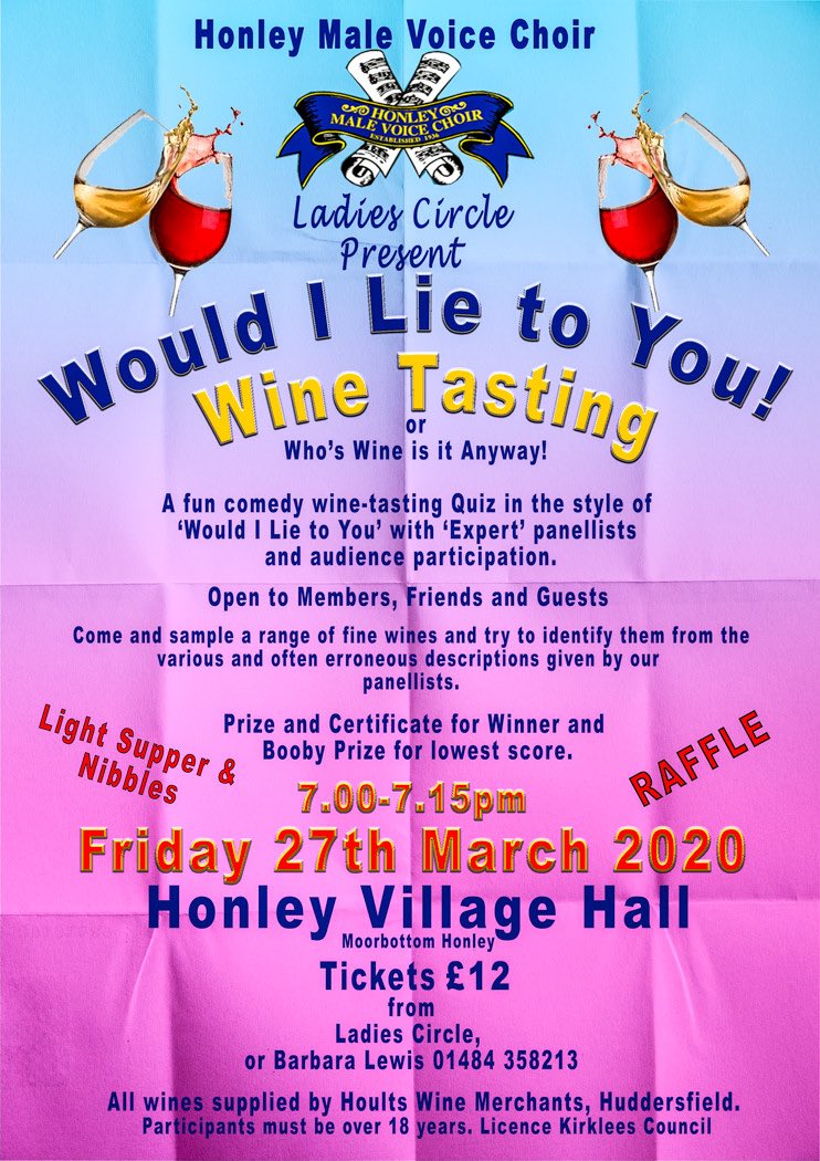 Come &amp; support our next Ladies Circle event - an hilarious #WineTasting &amp; #Quiz night in the style of #WouldILieToYou! Friday 27 March at Honley Village Hall. Tickets £12 from Barbara 01484 358213 <a href="/houltswine/">Hoults</a> <a href="/HonleyBizAssoc/">Honley Business Association</a> <a href="/honleyhub/">Honley Hub</a> <a href="/HonleyVillage/">Honley Village Trust</a> <a href="/HolmfirthHour/">HolmfirthHour</a> <a href="/loveholmfirth/">Love Holmfirth</a>