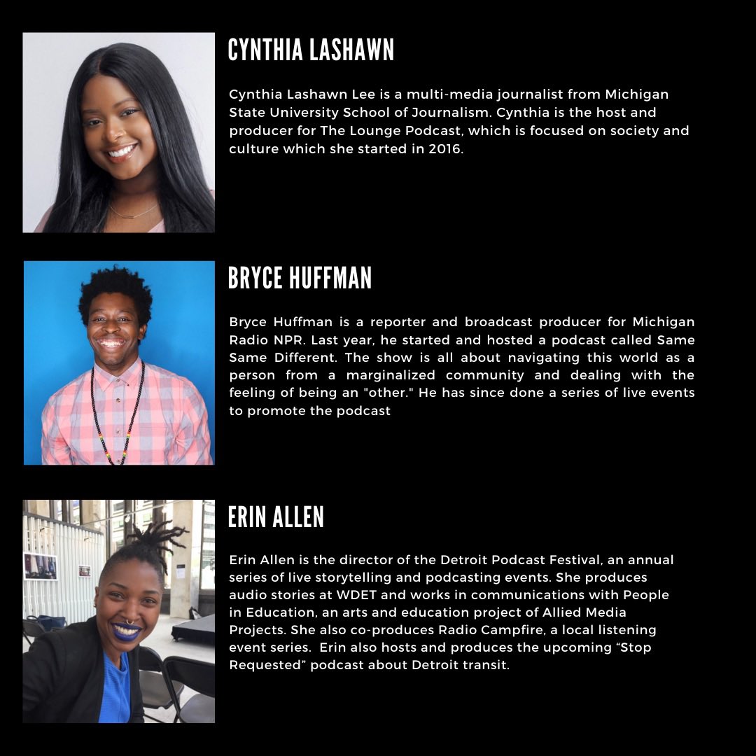 JIMWayneState's tweet photo. Today the #JournalismInstituteforMediaDiversity is hosting a #podcastpanel featuring guest speakers: Cynthia Lashawan, Bryce Huffman, and Erin Allen. Hear about their experiences, successes and challenges as professional podcasters. https://t.co/WTD46IHUvy