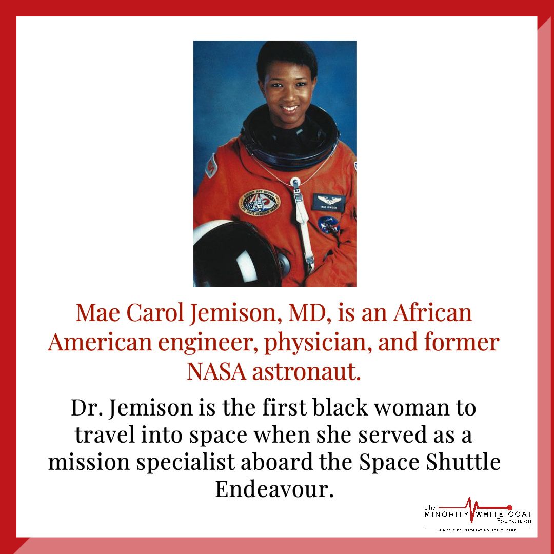 For #BlackHistoryMonth, we are honoring Mae Carol Jemison, MD, the first African American woman to travel into space. #MWCFoundation #MinoritiesInMedicine #minorities #minoritiesinscience #scientist #blackwomeninstem #blackwomeninmedicine #minorities #minoritiesinstem