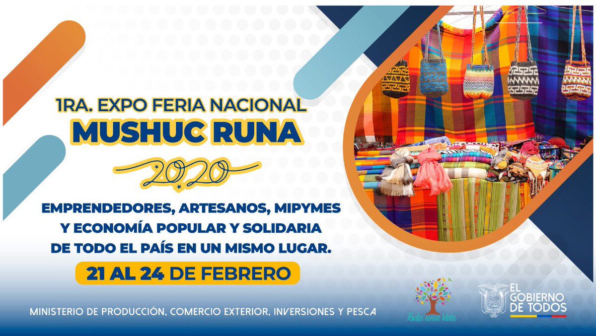 El apoyo a la producción nacional impulsa el desarrollo del país. El #MPCEIP te invita a la #ExpoFeriaMushucRuna, ven y conoce la oferta productiva de más de mil mipymes, artesanos y actores de la EPS, quienes esperan por ti. Este feriado la cita es en #Tisaleo. ¡Allá nos vemos!